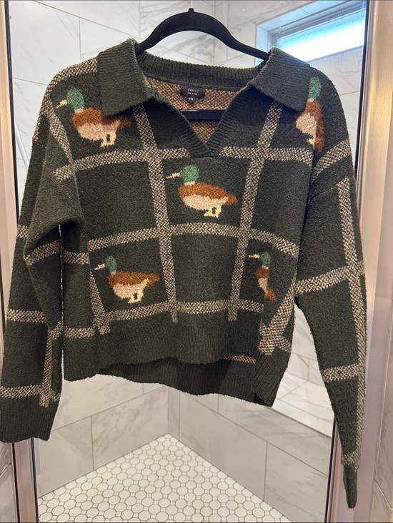 debut Sweaters - Debut Forest Green Duck-Graphic Collared Sweater